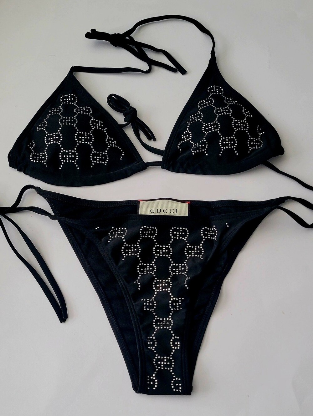 🇮🇹 Gucci Black Crystal-🖤Studded Triangle String Bikini🩱 - Picture 1 of 10